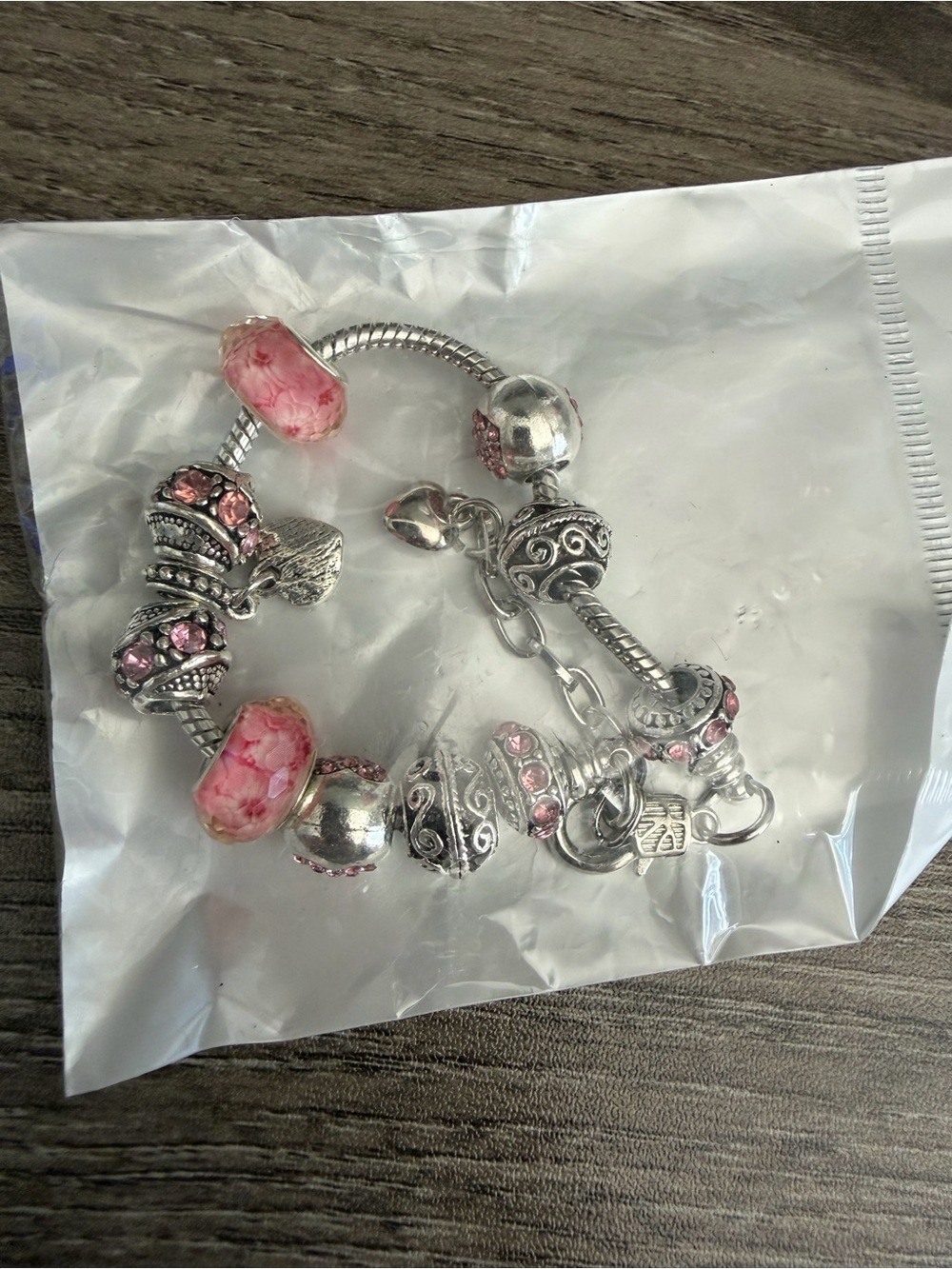 Silver Pink Bead Charm Bracelet - Women's Jewelry